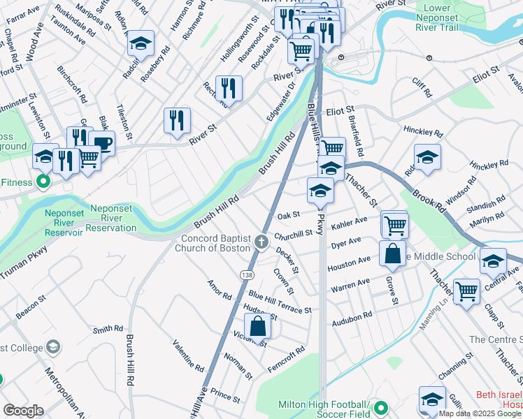 map of restaurants, bars, coffee shops, grocery stores, and more near 20 Oak Street in Milton