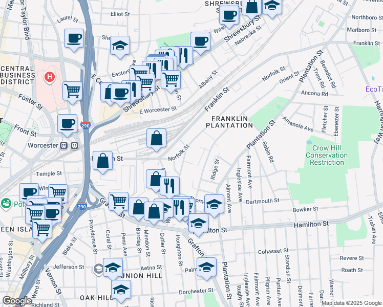 map of restaurants, bars, coffee shops, grocery stores, and more near 2 Shale Street in Worcester