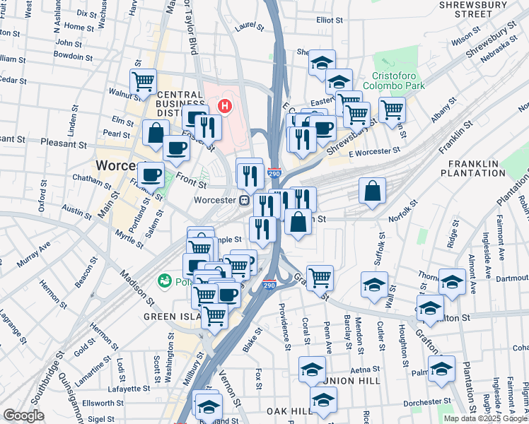 map of restaurants, bars, coffee shops, grocery stores, and more near 2 Washington Square in Worcester