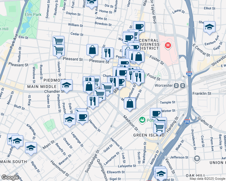 map of restaurants, bars, coffee shops, grocery stores, and more near 38 Austin Street in Worcester