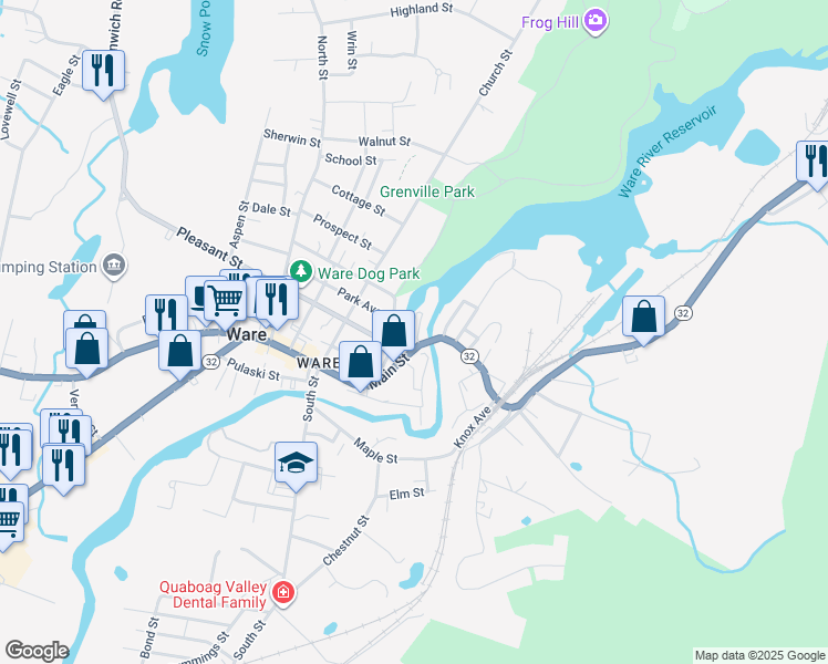 map of restaurants, bars, coffee shops, grocery stores, and more near 21 Canal Street in Ware