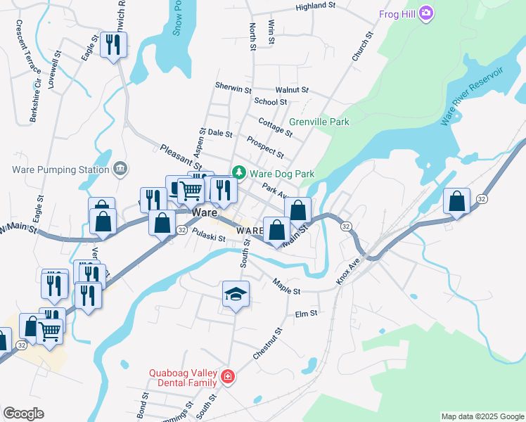 map of restaurants, bars, coffee shops, grocery stores, and more near 25 Church Street in Hardwick