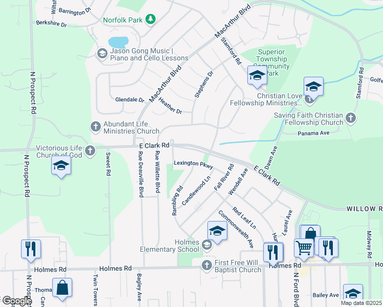 map of restaurants, bars, coffee shops, grocery stores, and more near 1162 Clark Srv Road in Ypsilanti
