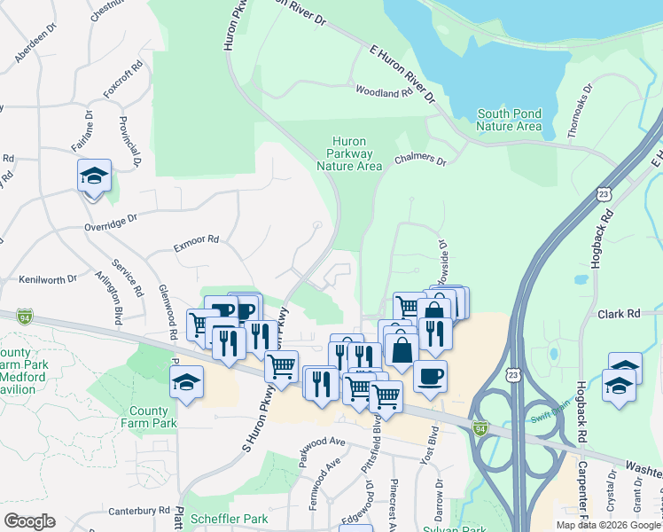 map of restaurants, bars, coffee shops, grocery stores, and more near 1874 Lindsay Lane in Ann Arbor