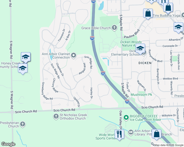 map of restaurants, bars, coffee shops, grocery stores, and more near 1652 Scio Ridge Road in Ann Arbor