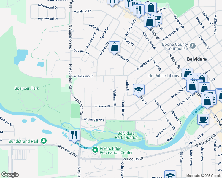 map of restaurants, bars, coffee shops, grocery stores, and more near 816 West Jackson Street in Belvidere