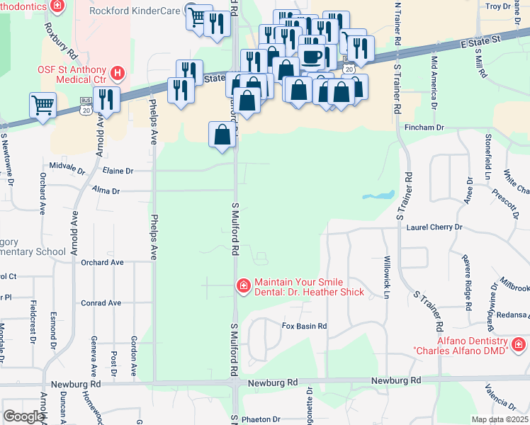 map of restaurants, bars, coffee shops, grocery stores, and more near 550 South Mulford Road in Rockford