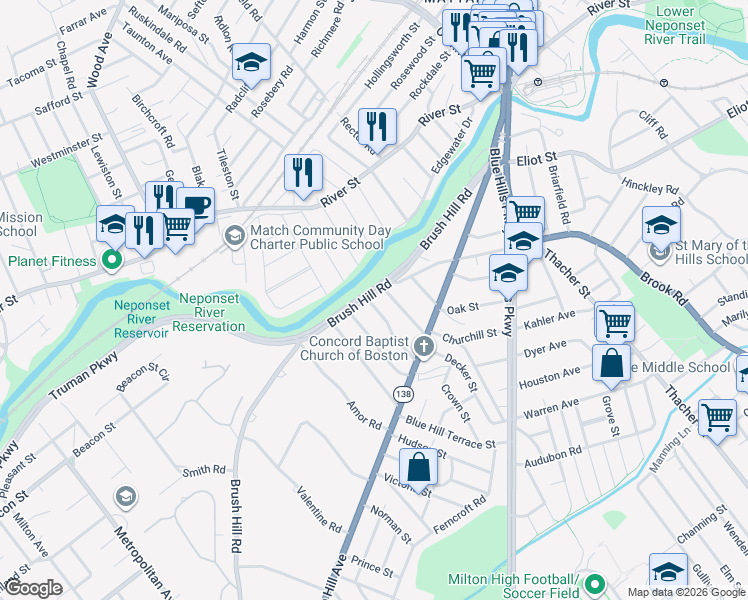 map of restaurants, bars, coffee shops, grocery stores, and more near 164 Brush Hill Road in Milton