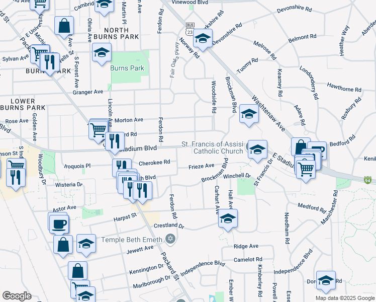 map of restaurants, bars, coffee shops, grocery stores, and more near 1810 East Stadium Boulevard in Ann Arbor