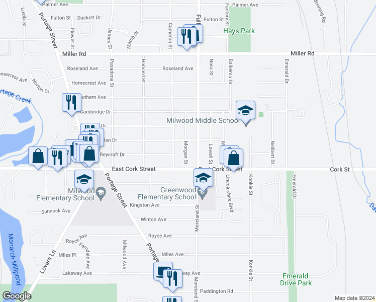 map of restaurants, bars, coffee shops, grocery stores, and more near 3025 Morgan Street in Kalamazoo