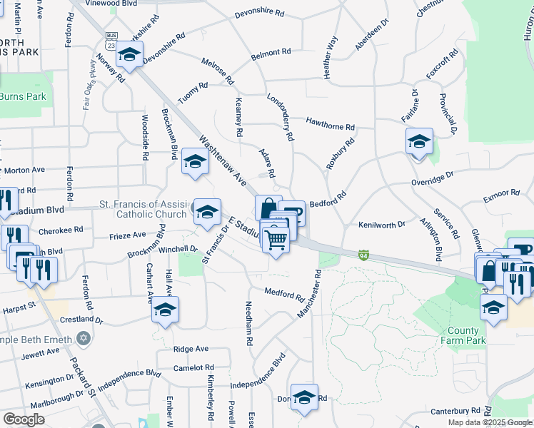 map of restaurants, bars, coffee shops, grocery stores, and more near 2350 U.S. 23 Business in Ann Arbor