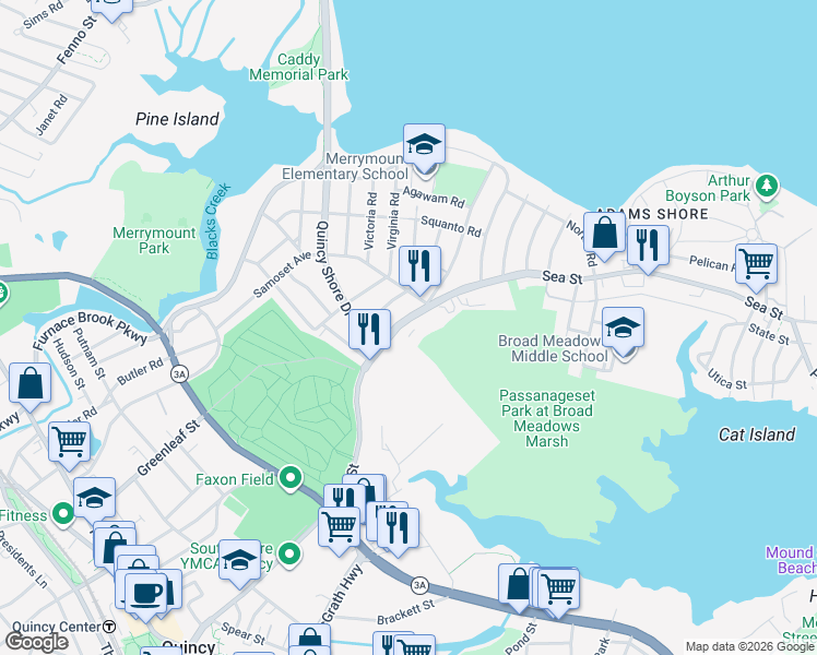 map of restaurants, bars, coffee shops, grocery stores, and more near 175 Sea Street in Quincy