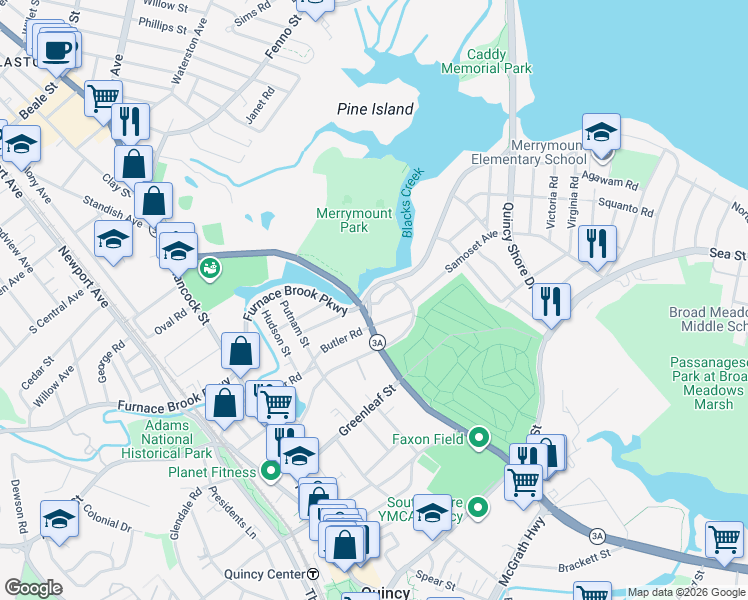 map of restaurants, bars, coffee shops, grocery stores, and more near 188 Furnace Brook Parkway in Quincy