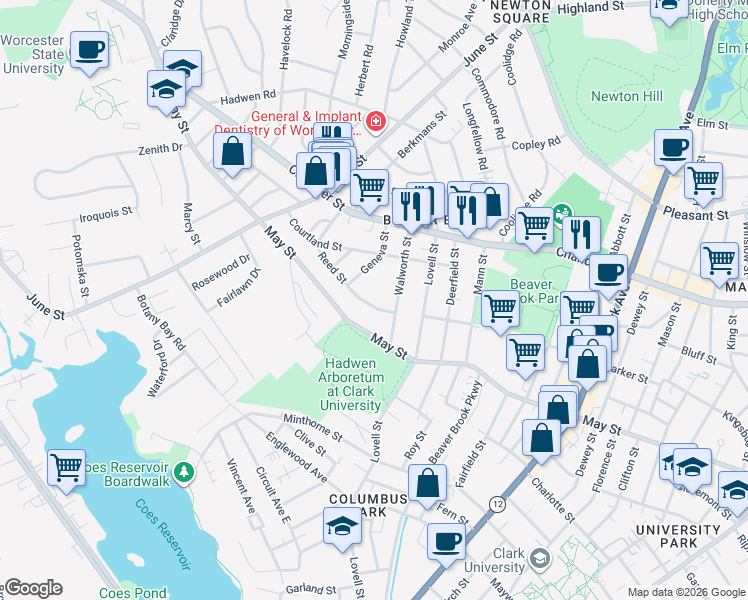 map of restaurants, bars, coffee shops, grocery stores, and more near 53 Reed Street in Worcester