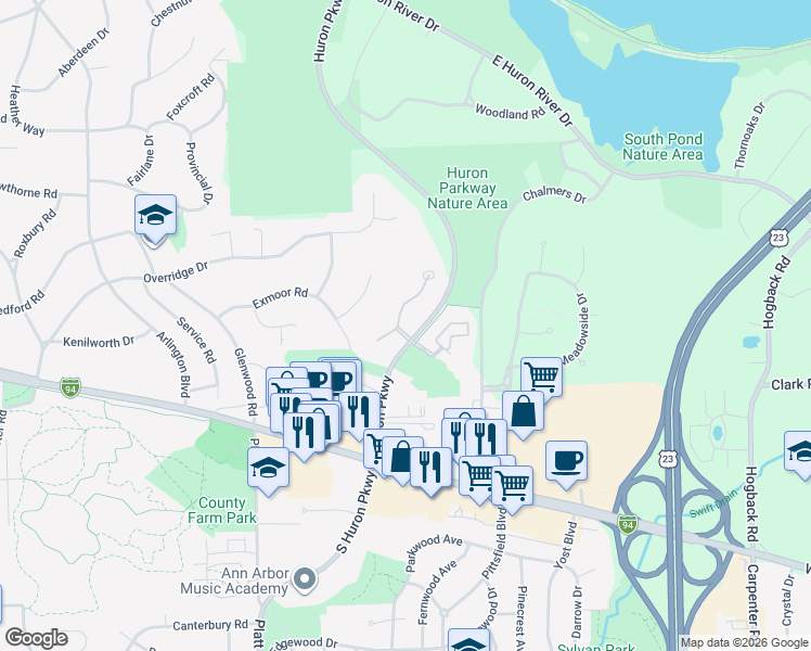 map of restaurants, bars, coffee shops, grocery stores, and more near 1933 Boulder Drive in Ann Arbor
