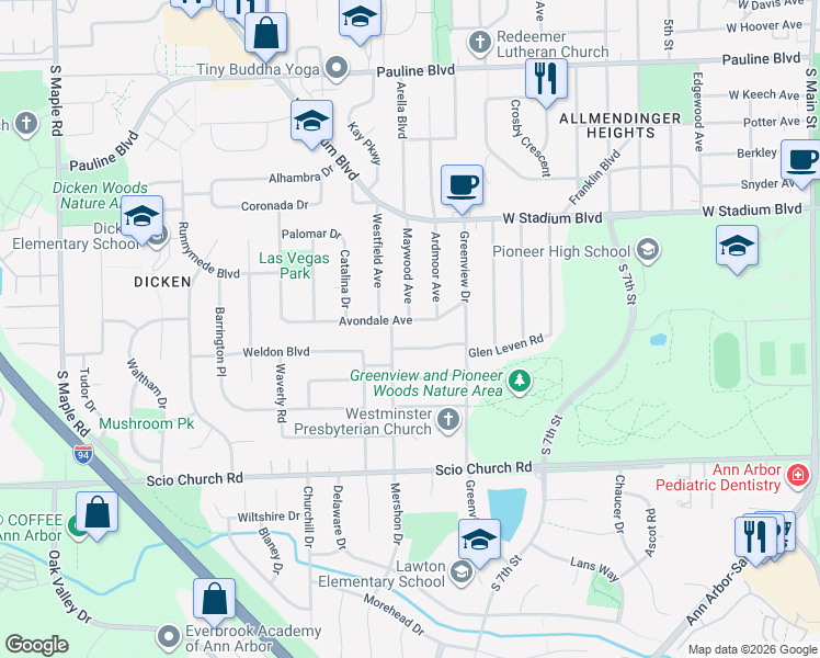 map of restaurants, bars, coffee shops, grocery stores, and more near 1520 Avondale Avenue in Ann Arbor