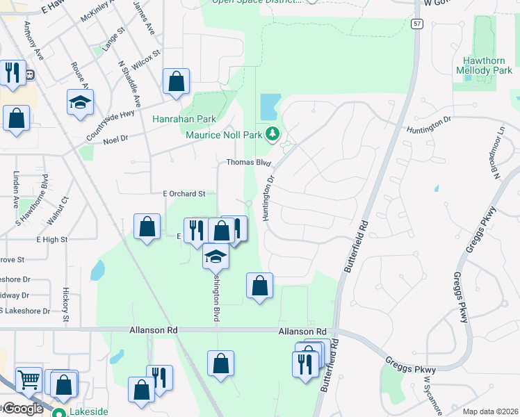 map of restaurants, bars, coffee shops, grocery stores, and more near 1312 Huntington Drive in Mundelein