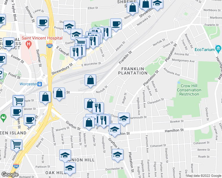 map of restaurants, bars, coffee shops, grocery stores, and more near 2 Shale Street in Worcester