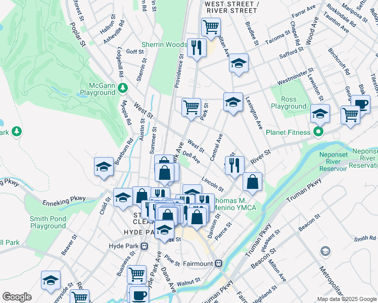 map of restaurants, bars, coffee shops, grocery stores, and more near 29 Dell Avenue in Boston