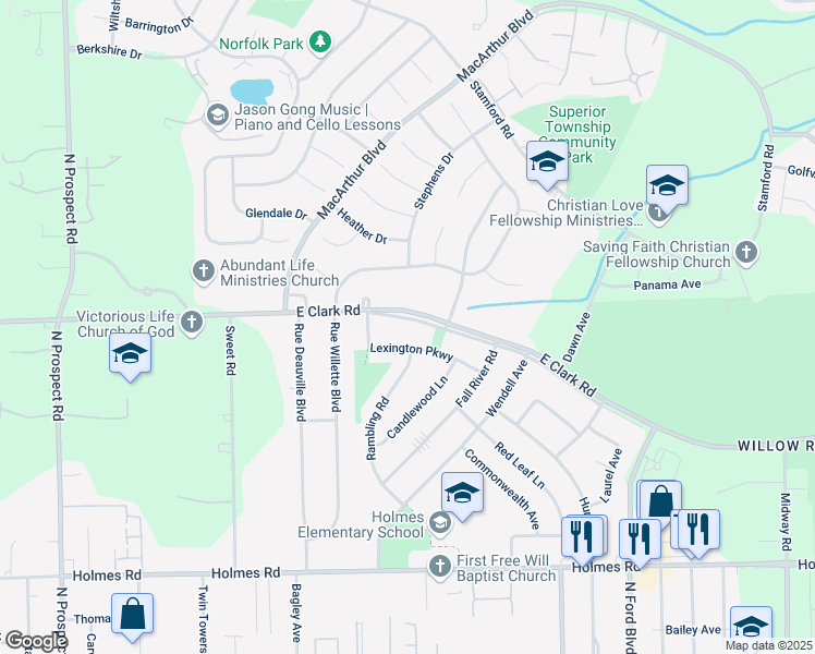 map of restaurants, bars, coffee shops, grocery stores, and more near 1162 Clark Srv Road in Ypsilanti