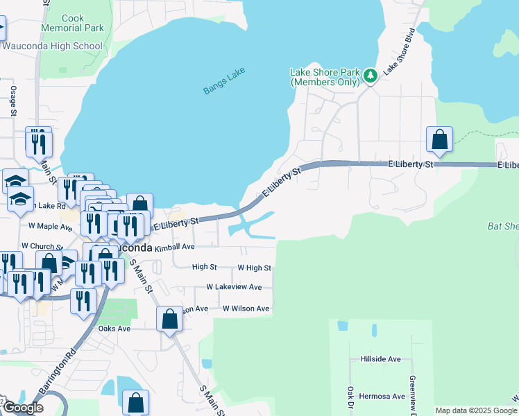 map of restaurants, bars, coffee shops, grocery stores, and more near 620 East Liberty Street in Wauconda