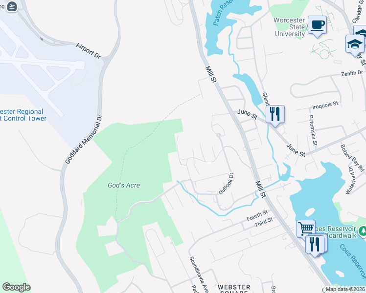 map of restaurants, bars, coffee shops, grocery stores, and more near 12 Sunnyside Avenue in Worcester