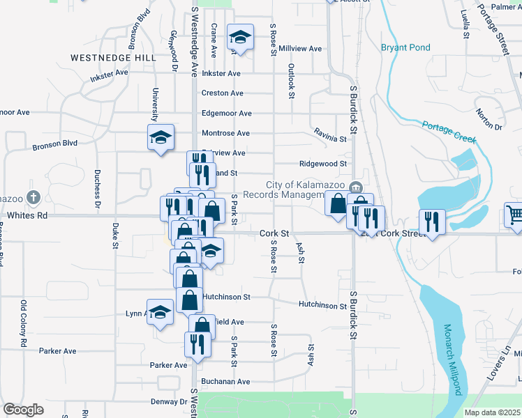 map of restaurants, bars, coffee shops, grocery stores, and more near 222 Fairfax Avenue in Kalamazoo
