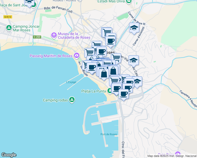 map of restaurants, bars, coffee shops, grocery stores, and more near 1 Carrer Sant Isidre in Roses