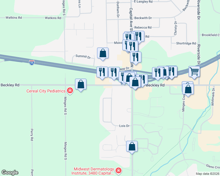 map of restaurants, bars, coffee shops, grocery stores, and more near 4774 Beckley Road in Battle Creek