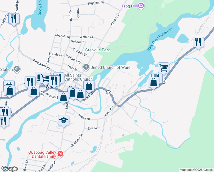 map of restaurants, bars, coffee shops, grocery stores, and more near 11 Pine Street in Ware