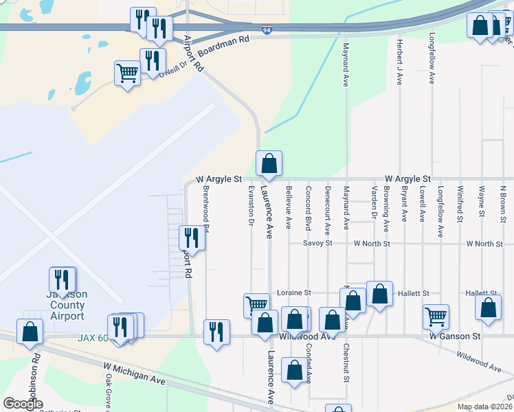 map of restaurants, bars, coffee shops, grocery stores, and more near 1027 Evanston Drive in Jackson