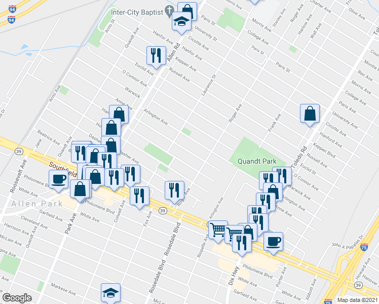 map of restaurants, bars, coffee shops, grocery stores, and more near 14885 Anne Ave in Allen Park