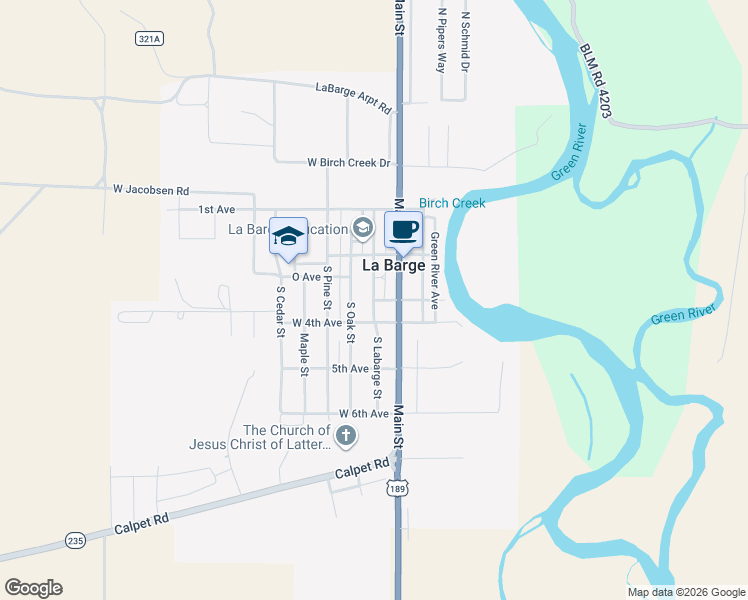 map of restaurants, bars, coffee shops, grocery stores, and more near 104 West 3rd Avenue in La Barge