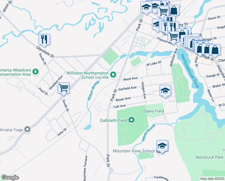 map of restaurants, bars, coffee shops, grocery stores, and more near 117 Park Street in Easthampton