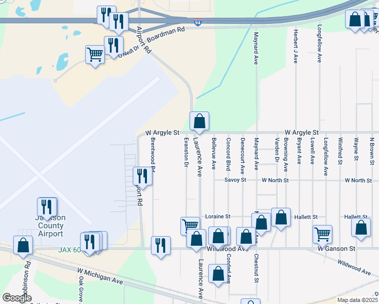 map of restaurants, bars, coffee shops, grocery stores, and more near 1023 Evanston Drive in Jackson