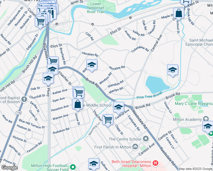 map of restaurants, bars, coffee shops, grocery stores, and more near 15 Greenleaf Road in Milton