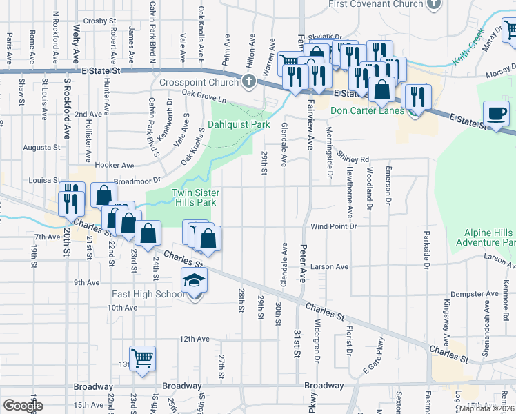 map of restaurants, bars, coffee shops, grocery stores, and more near 519 29th Street in Rockford