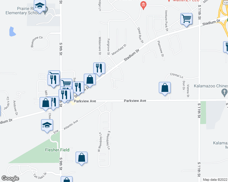 map of restaurants, bars, coffee shops, grocery stores, and more near 3077 Danford Creek Drive in Kalamazoo