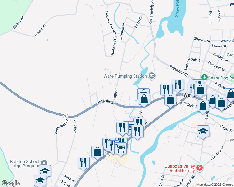 map of restaurants, bars, coffee shops, grocery stores, and more near 18 Clinton Street in Ware