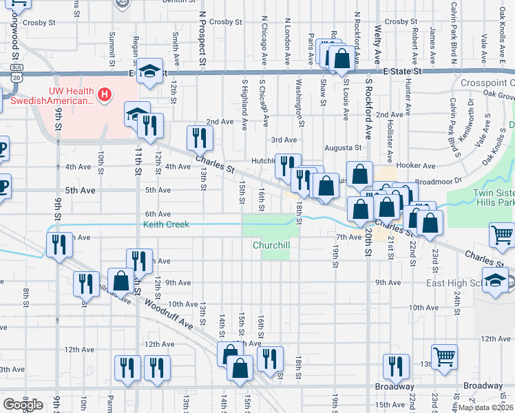 map of restaurants, bars, coffee shops, grocery stores, and more near 620 16th Street in Rockford
