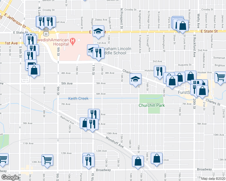 map of restaurants, bars, coffee shops, grocery stores, and more near 1634 6th Avenue in Rockford