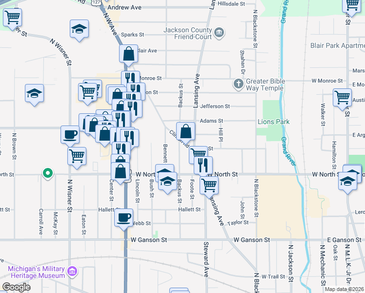 map of restaurants, bars, coffee shops, grocery stores, and more near 939 Backus Street in Jackson