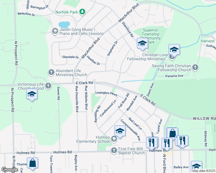 map of restaurants, bars, coffee shops, grocery stores, and more near 1162 Clark Srv Road in Ypsilanti