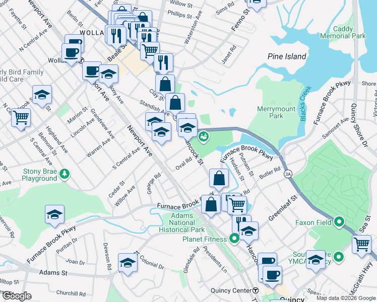 map of restaurants, bars, coffee shops, grocery stores, and more near 1 Saint Anns Road in Quincy