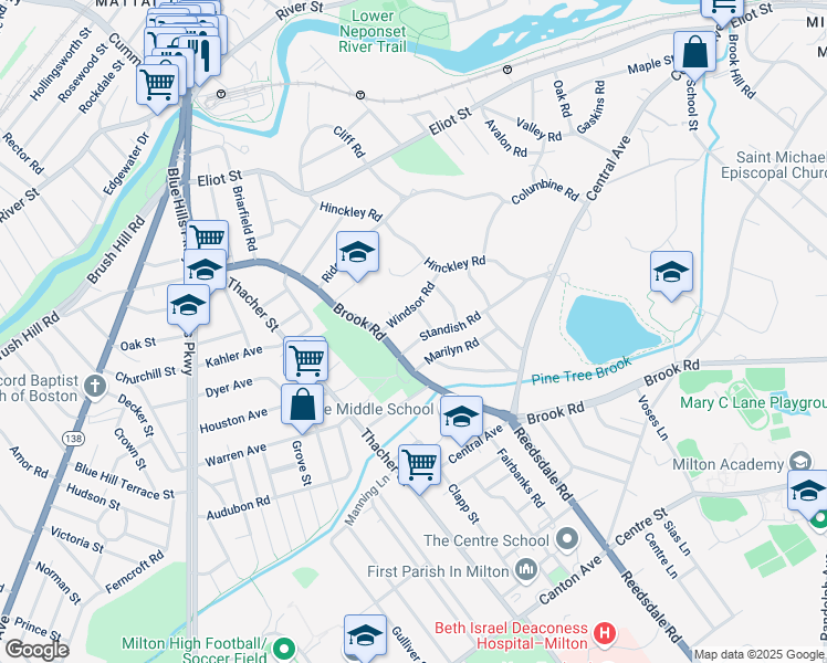 map of restaurants, bars, coffee shops, grocery stores, and more near 15 Greenleaf Road in Milton