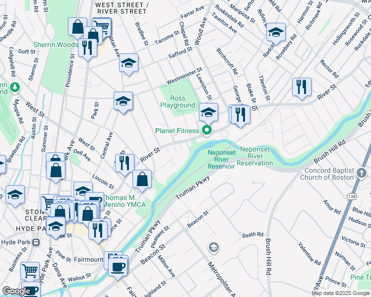 map of restaurants, bars, coffee shops, grocery stores, and more near 946 River Street in Boston