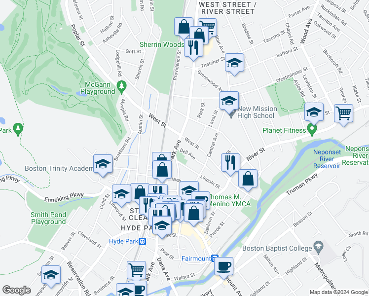 map of restaurants, bars, coffee shops, grocery stores, and more near 1128 Hyde Park Avenue in Boston