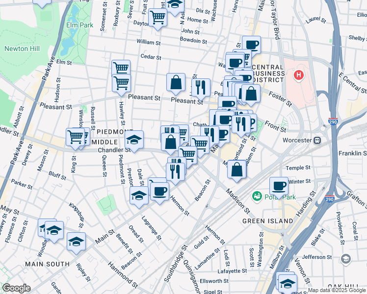 map of restaurants, bars, coffee shops, grocery stores, and more near in Worcester