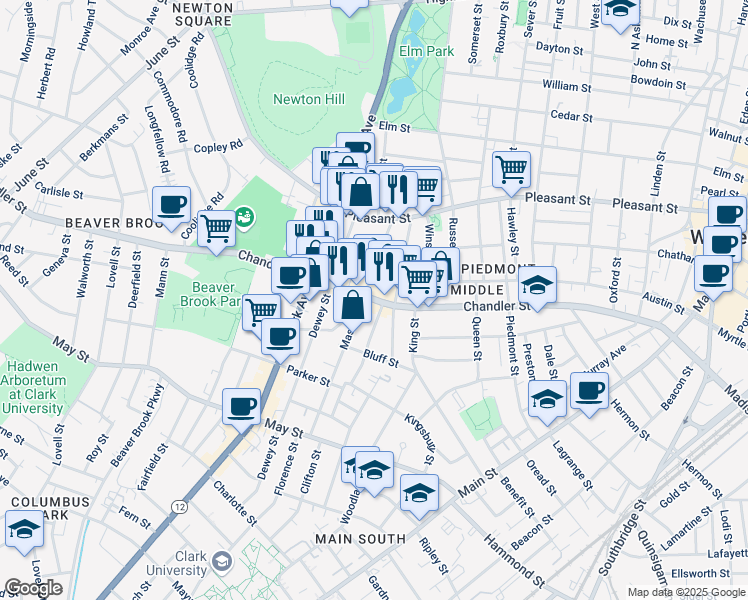 map of restaurants, bars, coffee shops, grocery stores, and more near 215 Chandler Street in Worcester