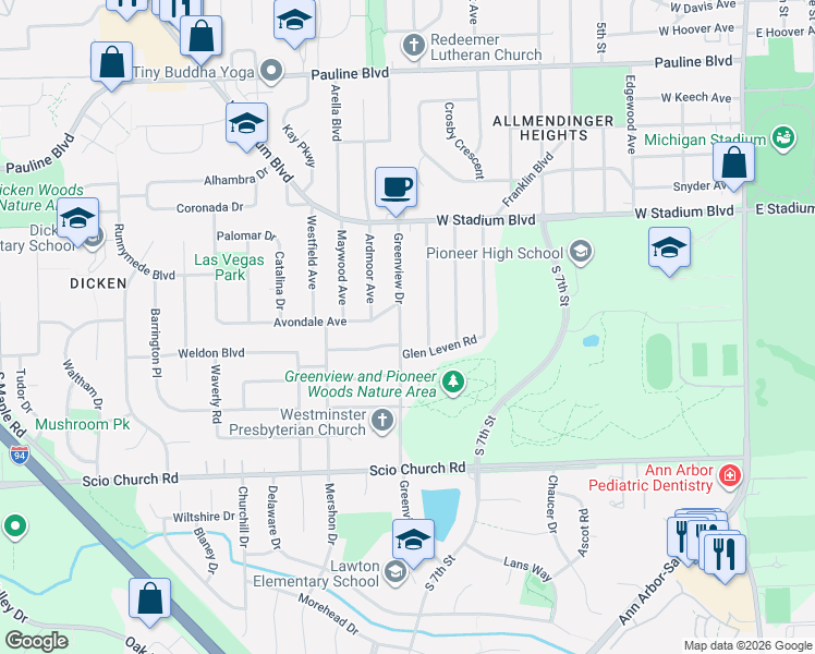 map of restaurants, bars, coffee shops, grocery stores, and more near 1608 Marian Avenue in Ann Arbor